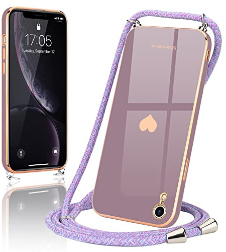 Wirvyuer Handyband Kompatibel mit iPhone Xr Handyhülle Necklace Hülle mit Band zum Umhängen Kameraschutz Liebesherz Schutzhülle mit Halsband Galvanik Silikon Umhängetasche für iPhone Xr Lavendel