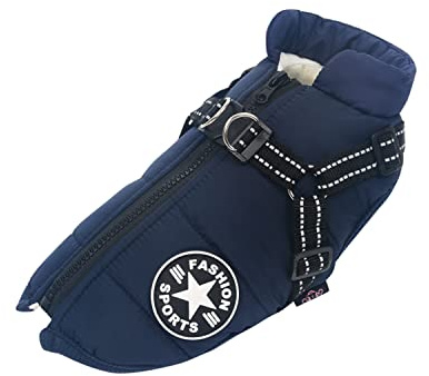 Ectkuee Hundejacke Winterweste Jacken - Hundemantel mit Geschirr für Kleine Hunde, Wasserdicht, Maschinen Waschbar, Reflektierende Streifen, Haltbarer D-Ring (Blue-L)