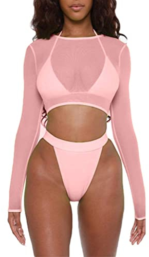 FeMereina Rave-Outfits für Damen, Neon-Body, bauchfreies Top, langärmelig, Netzstoff, Shrug mit Schnalle für Festival, Club, Party, Pink#1, S