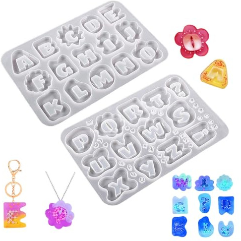 FineInno 2PCS Alphabet Quicksand Resin Moulds Set Shaker Silicone Mould Letter Epoxy Molds Jewellery Pendant Casting Crafts DIY Letter Necklace Earring Hanging Ornaments