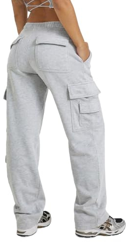 Waitfairy Wide Leg Sweatpants Women Cargo Pants for Girls High Waisted Baggy Sweatpants for Women Casual Pants with Pockets, Light Grey, XL