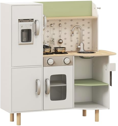 AIYAPLAY Toy Kitchen Playset, Kids Play Kitchen Role Playing Game with Phone, Ice Maker, Stove, Sink, Utensils, for Ages 3-6 Years - White