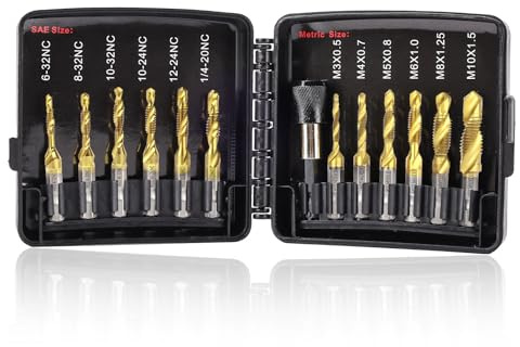 Valkynos Drill Tap Set with Quick-Change Adapter of 13Pcs, 6 SAE Sizes: 6-32NC to 1/4-20NC, 6 Metric Sizes: M3 to M10, Titanium Combination Drill & Tap Bit Set for Drilling Threads, Tapping