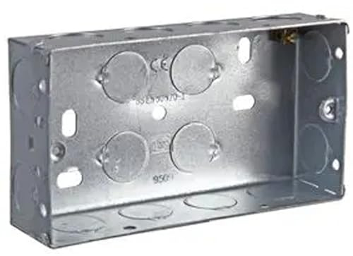 rhinocables Metal 2 Gang Double Socket Back Box, Fixed Lugs (1 Pack) | Galvanized Steel, BS4662 Compliant, Fixed Lugs for Secure Mounting, Pre Punched Knockouts