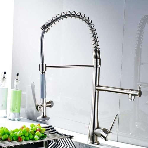 Küchenarmaturen Aus Gebürstetem Nickel Im Frühlingsstil, Mischbatterie Mit Doppelbrause, Schwenkbarer Auslauf, Drehbarer Heiß- Und Kaltwasserhahn, Waschbecken-Mischbatterie