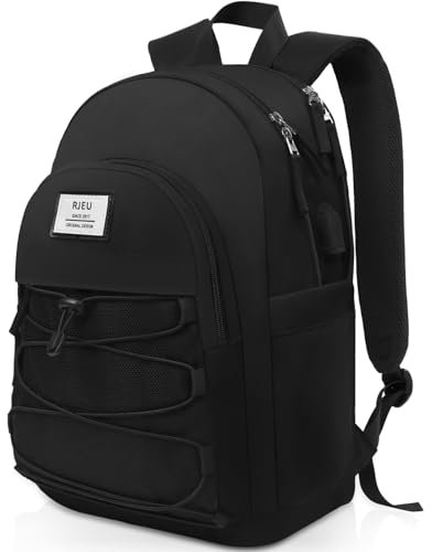 RJEU Schwarzer Schulrucksack für Teenager,15.6in Laptop Rucksack Ästhetische Büchertasche für Mädchen Junge College Student Travel,Mochila para Niñas,Schwarz