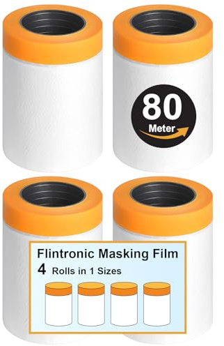 flintronic Ruban de Masquage, 4 Rouleaux Transparent Bache de Protection Peinture, Masker peinture avec Ruban de Adhésifs pour plastique, pour Peinture/Meuble/Sol de Protection(65cm*20m)