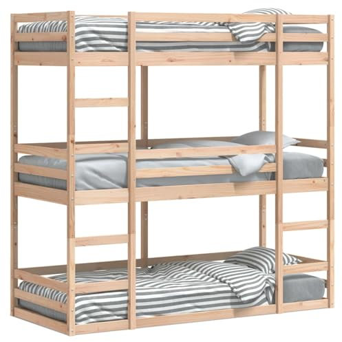 Sufrk Trippel våningssäng 90 x 190 cm i massivt trä tallsäng, säng, dubbelsäng, multifunktion, med trappor och skåp, stabilt räcke lämpligt för barn, tonåringar och tonåringar