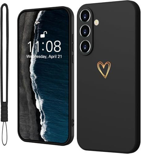 Mitetabo für Samsung Galaxy S24 Hülle Silikon Handyhülle Samsung S24 mit Gold Liebesherz, Dünn Gold Love Schutzhülle Slim Kratzfeste Rundumschutz Case für Samsung S24 5G Schwarz