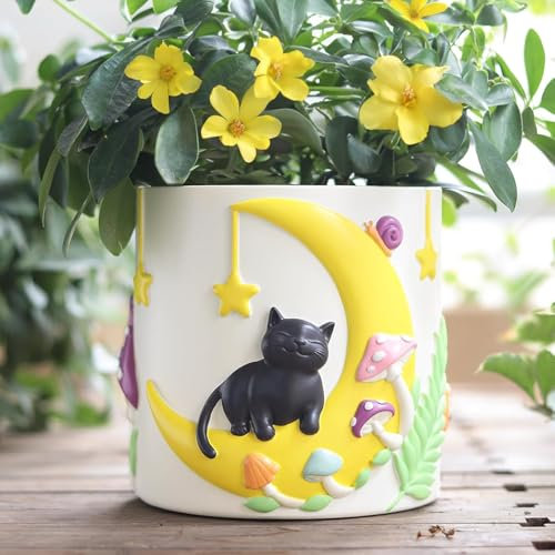 AmiCera Pot de fleurs mignon avec motif de chats de lune, pot de fleurs arc-en-ciel avec drainage, pots de fleurs colorés pour plantes d'intérieur, pot de fleurs succulents polyvalent, pour décoration