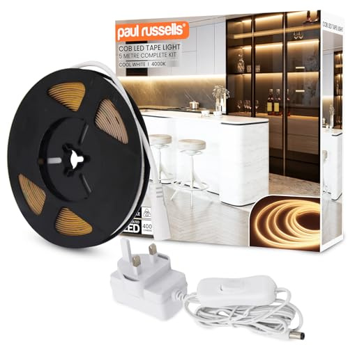 paul russells COB LED Strip Light 5M, 24V Cool White 4000K, 320 LEDs/M, 2300 Lumens, Non-Dimmable Flexible Rope Lights for Kitchen Under Cabinet, TV Backlight, Bedroom & Cabinet Lighting