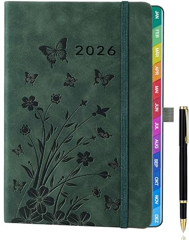 Kalender 2026 A5 – Wochenkalender, Terminkalender, Wochentimer & Wochenplaner (Jan – Dez 2026), mit Monatsübersicht, Notizseiten, Kontaktseiten und Stift, Hardcover Buchkalender – Seegrün