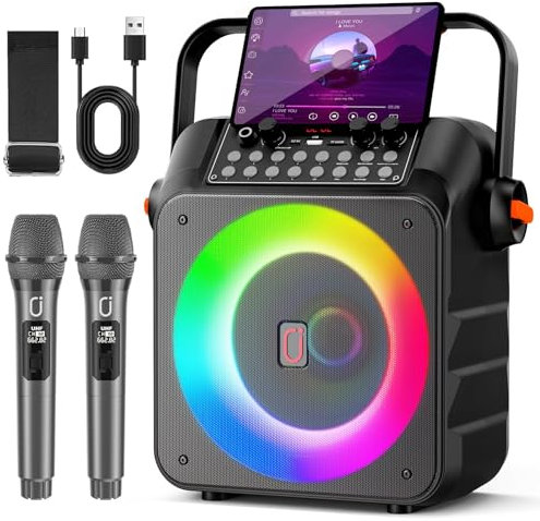 HWWR Karaoke Machine with Two Wireless Microphones, Karaoke Machine for Adults, 5 Subwoofer, LED Lights, PA System with Karaoke Microphone Support REC/USB/AUX for Home Party
