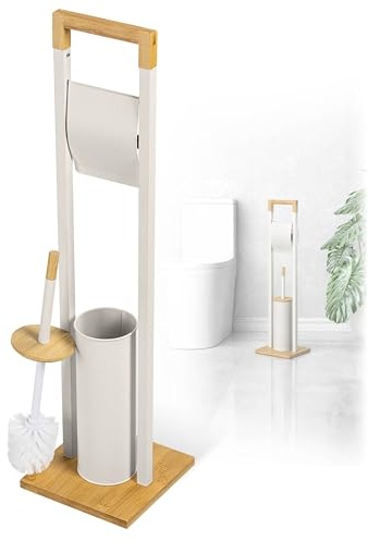 KADAX Toilettenpapierhalter mit integrierter WC-Bürste, Klopapierhalter Stehend mit Klobürste für Badezimmer, WC Garnitur aus Stahl und Bambus (Beige)
