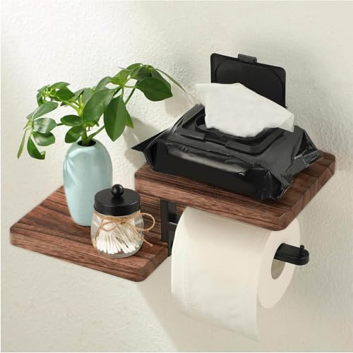 Toilettenpapierhalter mit Ablage, Klopapierhalter Holz mit 2 Holztrennwände, Bohren Vintage Toilettenpapier Halterung Wandmontage, Schwarz Matt Quadrat Klopapier Aufbewahrung für Küche und Badzimmer