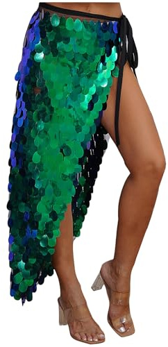 Hansber Paillette Rock Donna Lungo Scintillante Avvolgente Gonna Sirena Coda di Pesce Gonna Anca Tubino Legare Lato Carnevale Carneval Verde M