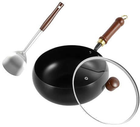 Guniata Padella in ghisa, padella in ferro con coperchio in vetro e pala multiuso antiaderente in ferro, facile da pulire, per la cucina nel ristorante (A)