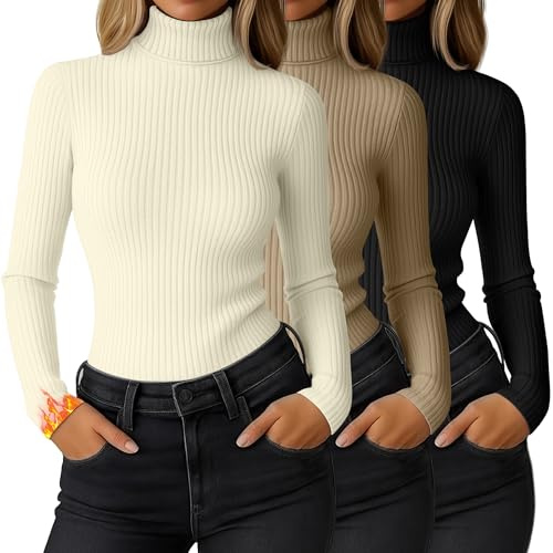 Ficerd 3er-Pack Damen-Thermo-Rollkragenoberteile mit Rippenmuster Langärmlige Stretch-Shirts Gestrickt Tailliert Basisschicht(M,Schwarz, Khaki, Creme)
