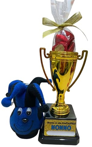Trofeo Premio Nonno con Peluche Portachiavi e Cioccolatini, Coppa 6,5 x 14 cm, Regalo Festa dei Nonni (NeroAzzurro)