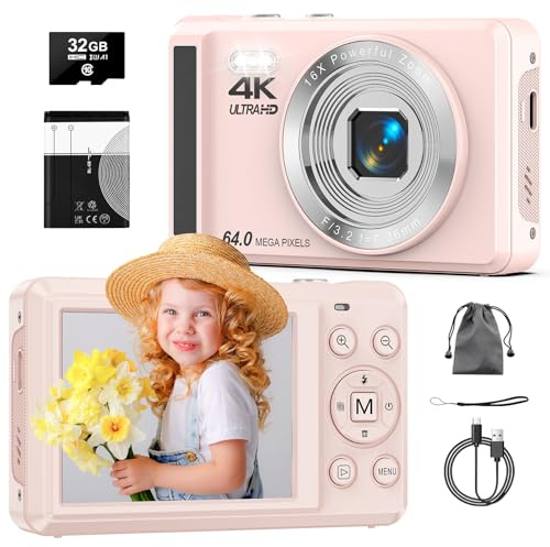 Digital Camera 4K 64MP with Auto Focus Portable Compact Camera with 32GB TF Card, 1200mAh Battery and USB Cable Ideal for Children, Teenagers and Beginners