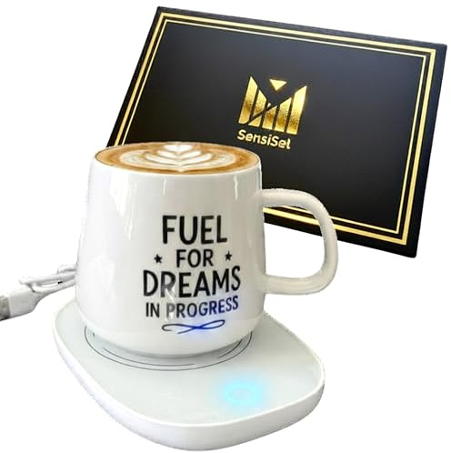 SensiSel USB Mug Warmer Set with Ceramic Mug, Lid & Spoon – Keeps Coffee & Tea WARM on Desk – Cute Motivational “Fuel for Dreams” Gift for Office & Home