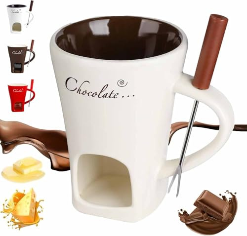 Generisch Lot de tasses à fondue au chocolat 2026 avec fourchettes, tasse à fondue au chocolat, en céramique, chauffe-beurre, tasse de fondue chauffée pour fromage personnel avec bougie chauffe-plat
