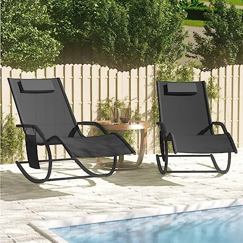 QUAHEAS Schaukelliegen 2er Set, Schwarz, Stahl & Textilene, 147x63x88 cm, Ergonomische Relaxliege mit Kopfstütze, für Garten, Terrasse, Pool, Balkon