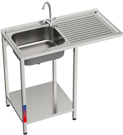 GASFRIT Fregadero Industrial con Hueco para Lavavasos en Acero Inoxidable | 1 Seno con Escurridor | 1000x500x850mm | Balda inferior, Peto Sanitario y Patas Regulables, Ideal Hostelería y Restauración
