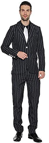 EraSpooky Men's 1920s Gangster Costume Wide Pin Stripe Suit Include Jacket Pants Shirt Front with Attached Necktie Size M