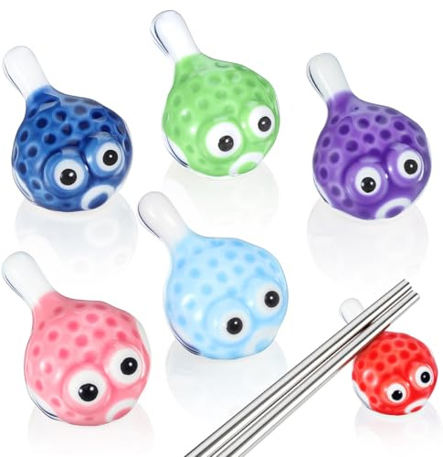 Angoily 6Pcs Ceramic Chopstick Rests - Pufferfish Design Tabletop Fork and Spoon Holder - Whimsical Assorted Color Japanese Style Animal Utensil Stand for Home Dining Restaurant and Decor