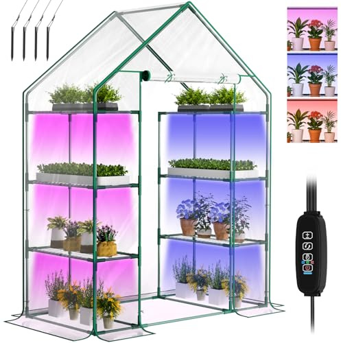 SUNYRISY Gewächshaus Klein mit Grow Lampe, Premium 4 Etagen Doppelt Tomatengewächshaus Foliengewächshaus mit LED Pflanzenlampe, Pflanzen überwinterungszelt Greenhouse für Balkon, Garten