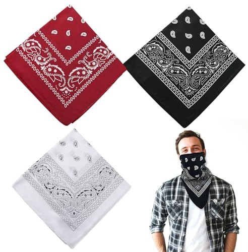 3 Stück Bandana Kopftuch Damen und Herren, Bandana Damen Herren, Bandanas mit Paisley Muster, hippie kostüm herren für karneval Headwear Haar Schal faschingskostüme männer (Rot, Schwarz, Weiß)