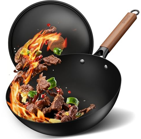 Sanho 12/30cm Carbon Steel Wok Pan, 4QT Nonstick Wok with Lid, No Seasoning Required & 0 Coating, Compatible with All Cooktops & Utensils for Healthy Stir Frying, Frying, Boiling, Steaming