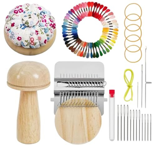Huxibai Stopfpilz-Set Aus Holz, Kleines Webstuhl-Set, Flicken-Pilz Mit 14 Nähnadeln, Pilzdarner Für DIY Handnähen, Socken, Kleidung, Hüte, Schals