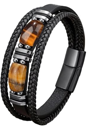 KNUIUYY Pulsera De Cuero Para Hombre Con Protección De Piedras Naturales, Pulsera Trenzada Multicapa, Brazalete De Cuerda Trenzada, Joyería Punk Vintage, Regalos para hombres y mujeres，accesorios