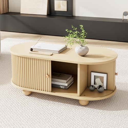 BTM Oval Coffee Table with 2 Sliding Doors, Rounded Corners,Hidden Compartment Center Table, Sofa table with storage space, Side table with Central open storage area, 100 * 50 * 40cm,Wood color,MDF