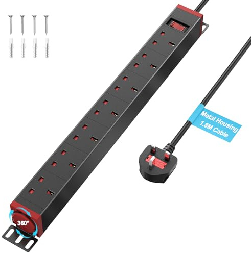 7 Way Extension Lead Surge Protection, Rack Mount Power Strip with 360° Swivel Brackets for Server Rack, Metal Housing 7 Gang Extension Socket 13A 250V, 1,8m Cable