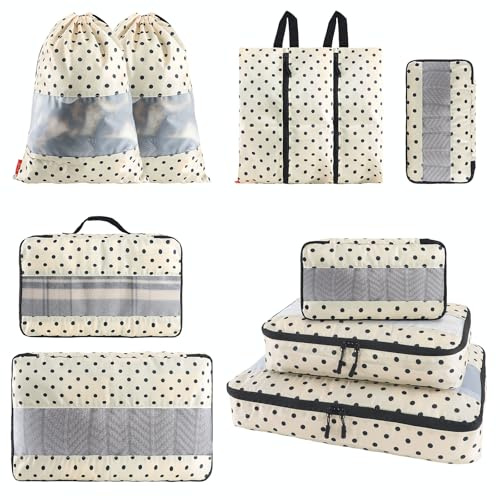 U+U 10-Set Packing Cubes Travel Organizers, Ultralight Bag Organizer with Laundry Bag and Shoe Bag, Travel Essentials for Family Vacation, Business Trips (Polka Dot)
