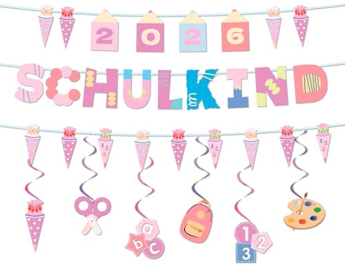Deko Einschulung, Einschulung Deko Für Mädchen 2026 Rosa Girlandenset | Schulkind Deko In Rosa Mit 2026 Zahlen, Schultüten, Girlanden Und Spiralhängern Für Klassenzimmer Und Fotowand
