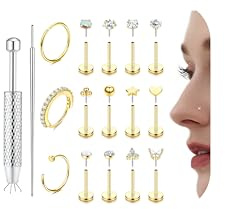 Diamday 15Stk Helix Piercings Chirurgenstahl Nasenpiercing Stecker Tragus Piercings Lippenpiercing Piercing Ohr Gold/Silber Conch Tragus Helix Nostril Push In Flat Piercing Labret