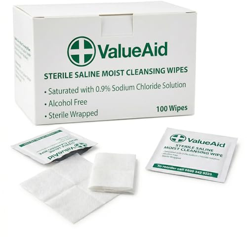 Value Aid Sterile Saline Moist Cleansing Wipes Box of 100 - Alcohol Free 0.9% Sodium Chloride Skin Cleaning Wipes - Individually Wrapped First Aid Wipes 80 x 80mm Sachets