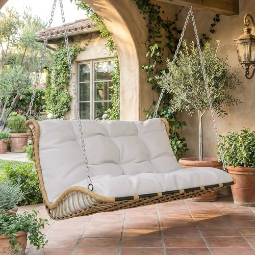 PE-Rattan-Schaukel-Doppelsitz, Hängeschaukel für den Garten im Freien, mit Kissen und 2 Ketten, ohne Rahmen, Kissen sind abnehmbar und waschbar