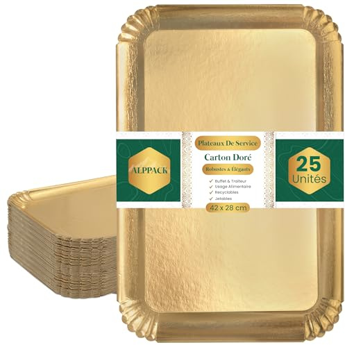 Plateau de Service en Carton Épais Doré 42 × 28 cm – Lot de 25 Plateaux Traiteur Jetables Élégants – Présentoir Apéritif Buffet – Plateau Jetable avec Vos Assiettes Jetables pour Mariage et Réception