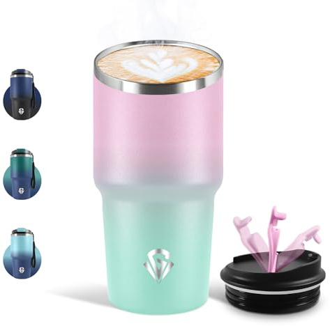 Motswedi Termo Cafe 600 ML, Reutilizables, Vaso Termico Cafe Antigoteo para Coche, Acero Inoxidable 304, Taza Termica Para Llevar, Termo Café Hermético - Rosa nude & Verde claro