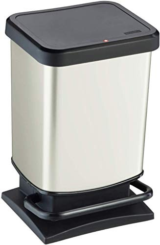 Rotho Paso Mülleimer Küche 20 L Tretmülleimer mit Deckel Weiß metallic | Mülleimer Bad mit breitem Pedal, Soft-Close-Deckel für leises Schließen, pflegeleicht, Edelstahloptik für Bad und Werkstatt