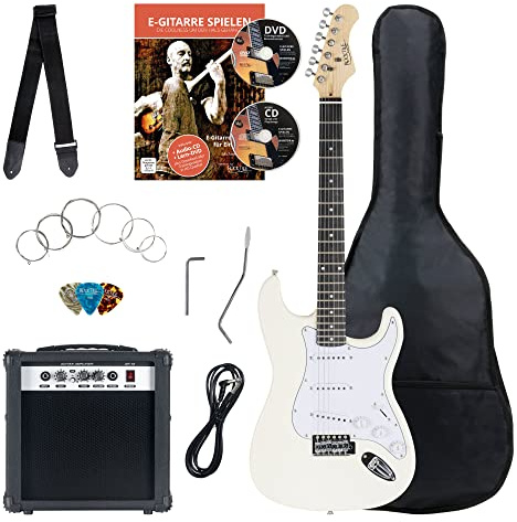 Rocktile Banger's Pack E-Gitarren Set, 8-teilig White, 5-Wege Wahlschalter | Rocktile ST-Style E-Gitarre, White Highgloss Finish, 3 Single-Coil Tonabnehmer, 1 Volume-/ 2 Toneregler, Tremolohebel, Gurt