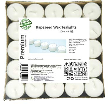 Candele di Cera di Colza Naturale Candele in Tazza Trasparente Luci Notturne Non Tossiche di Cera Bianca Non Profumate (100 Lumini - 4 Ore di Autonomia)