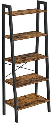 VASAGLE Ladder Shelf, 5-Tier Bookshelf, Storage Rack, Bookcase with Steel Frame, for Living Room, Home Office, Kitchen, Bedroom, Industrial Style, Rustic Brown and Ink Black ULLS45X