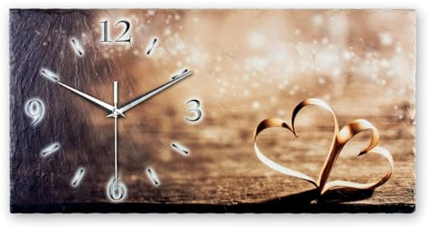Kreative Feder Designer-Wanduhr Holzherz aus Stein mit Zeigern aus gebürstetem Aluminium - Designeruhr aus Stein mit flüsterleisem Uhrwerk (Holzherz, leises Funkuhrwerk)