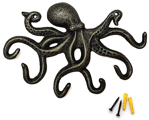 ChasBete Colgador Llaves Pared de Pulpo, Percha Pared de Hierro Rústico, Percheros de Pared Originales con 6 Gancho 22cm - Bronce